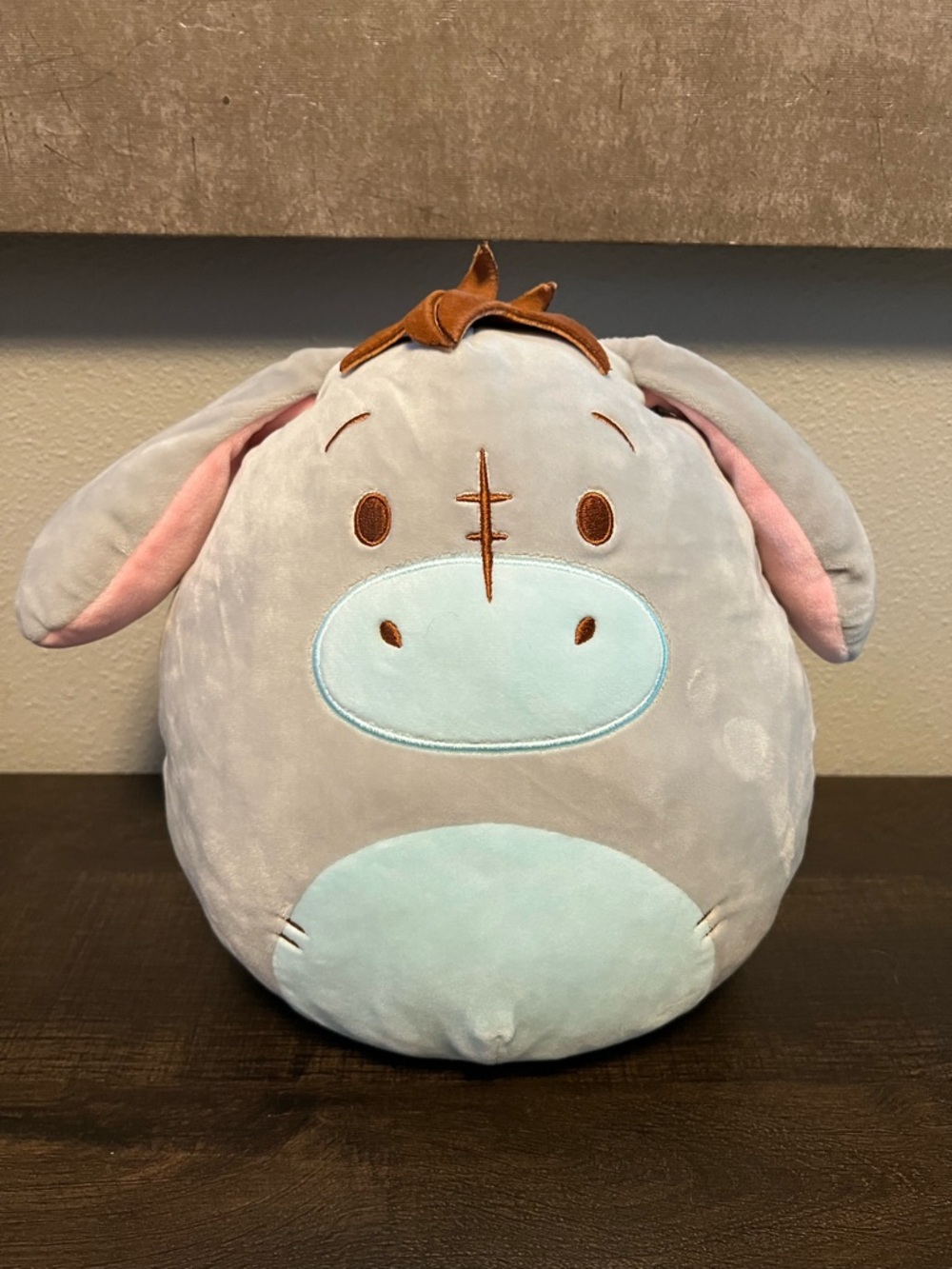 Squishmallows Gray Plush Eeyore-Style Pillow with Light Blue Snout and Pink Ears